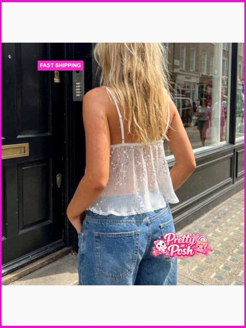 Sequin Cami Top Sheer See Through Backless Crop Tank Top Sparkly Flowy Camisole - Picture 3 of 6